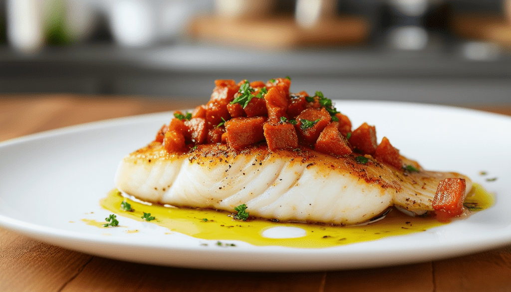 découvrez notre recette savoureuse de dos de cabillaud au chorizo, un plat alliant la texture délicate du poisson aux saveurs épicées du chorizo. parfait pour un dîner gourmet qui ravira vos invités !