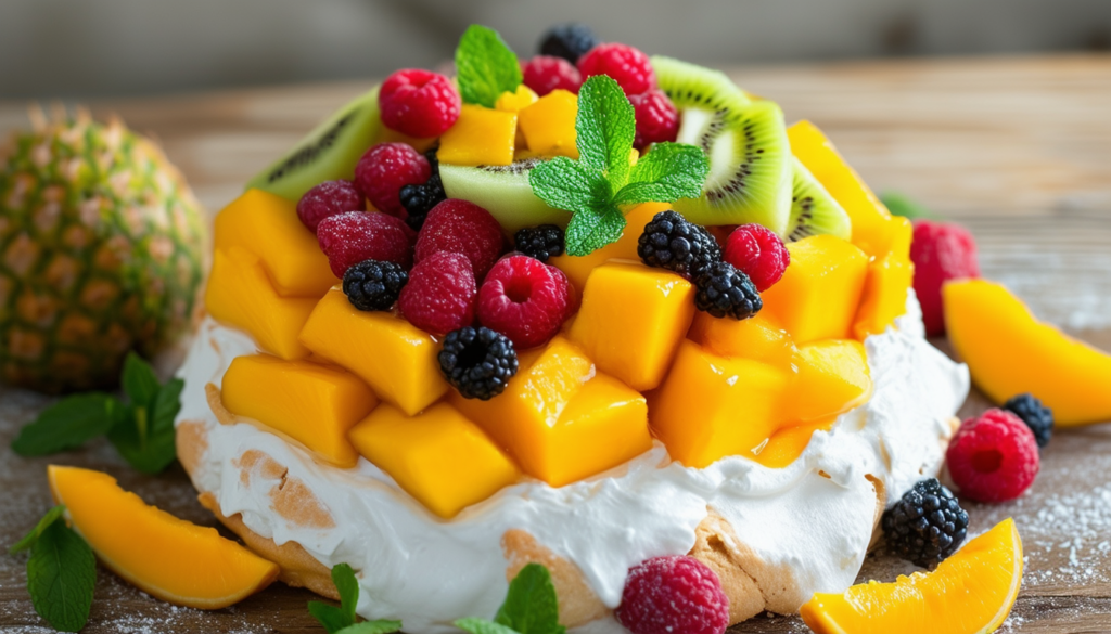 découvrez notre délicieuse pavlova aux fruits tropicaux, surmontée d'une onctueuse crème de coco. un dessert léger et rafraîchissant qui vous transporte sous les tropiques à chaque bouchée.