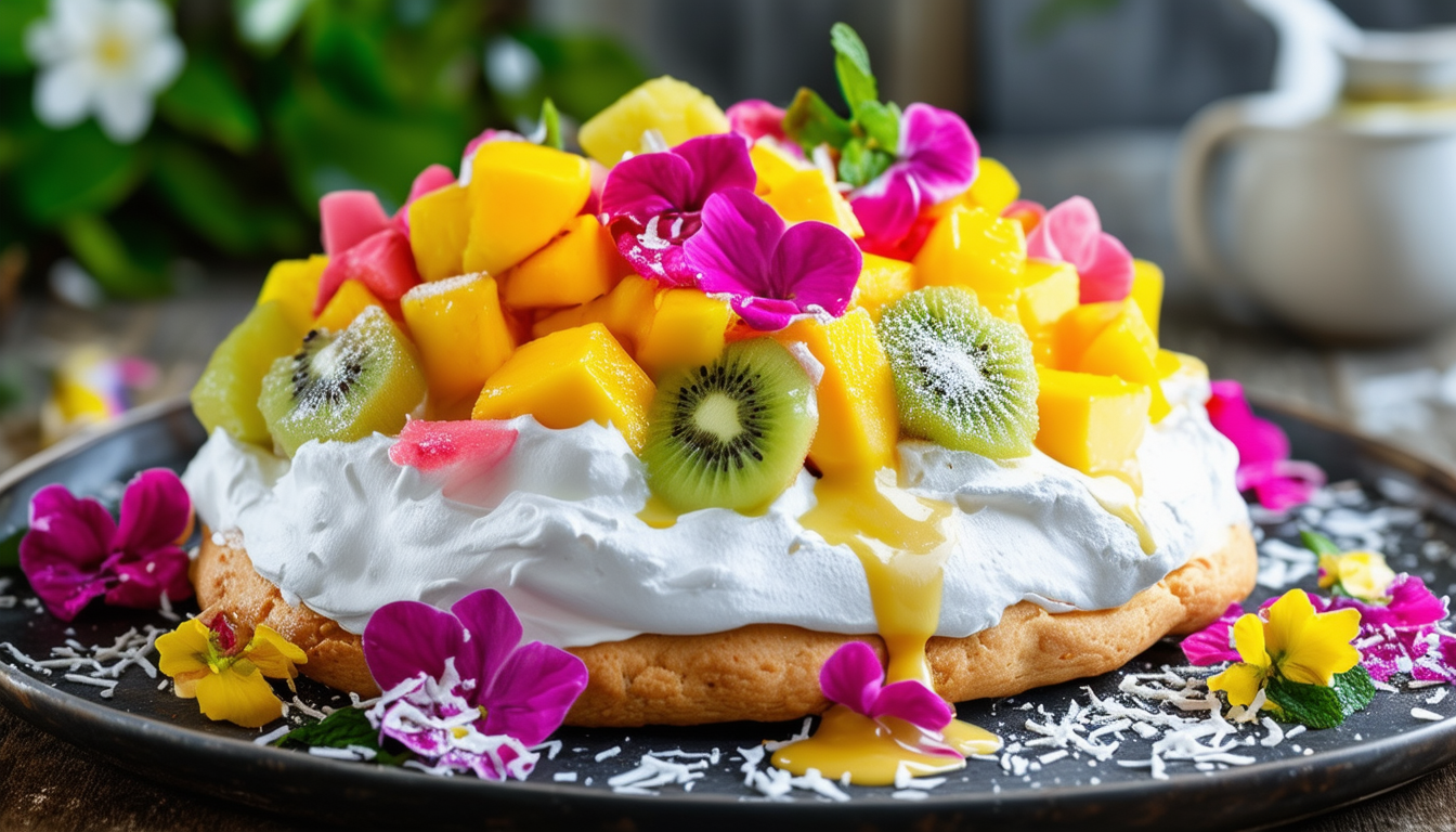 découvrez notre délicieuse pavlova garnie de fruits tropicaux juteux et surmontée d'une onctueuse crème de coco. un dessert léger et exotique qui ravira vos papilles et illumine vos occasions spéciales.