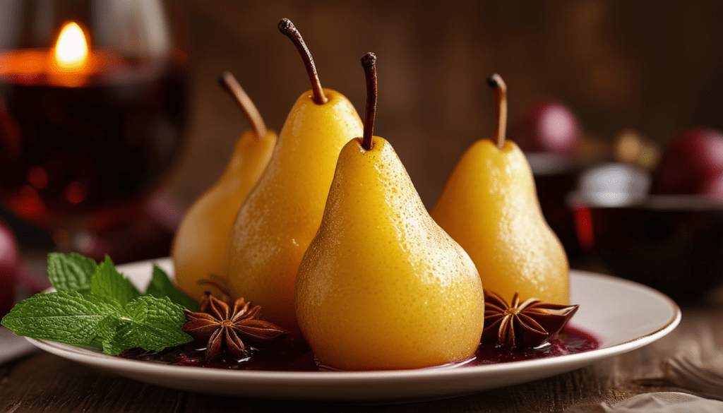 découvrez la délicieuse recette des poires au vin, un dessert raffiné qui marie la douceur des poires avec les arômes riches du vin rouge. idéal pour impressionner vos invités lors d'un repas, ce plat sucré et savoureux est parfait pour les occasions spéciales ou pour un moment de détente gourmand.