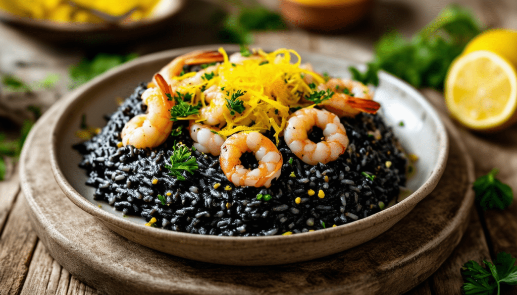 savourez un risotto exquis à l'encre de seiche, riche en saveurs maritimes, rehaussé par des zestes de citron frais qui apportent une touche de fraîcheur. parfait pour impressionner vos invités ou pour un dîner raffiné à la maison.