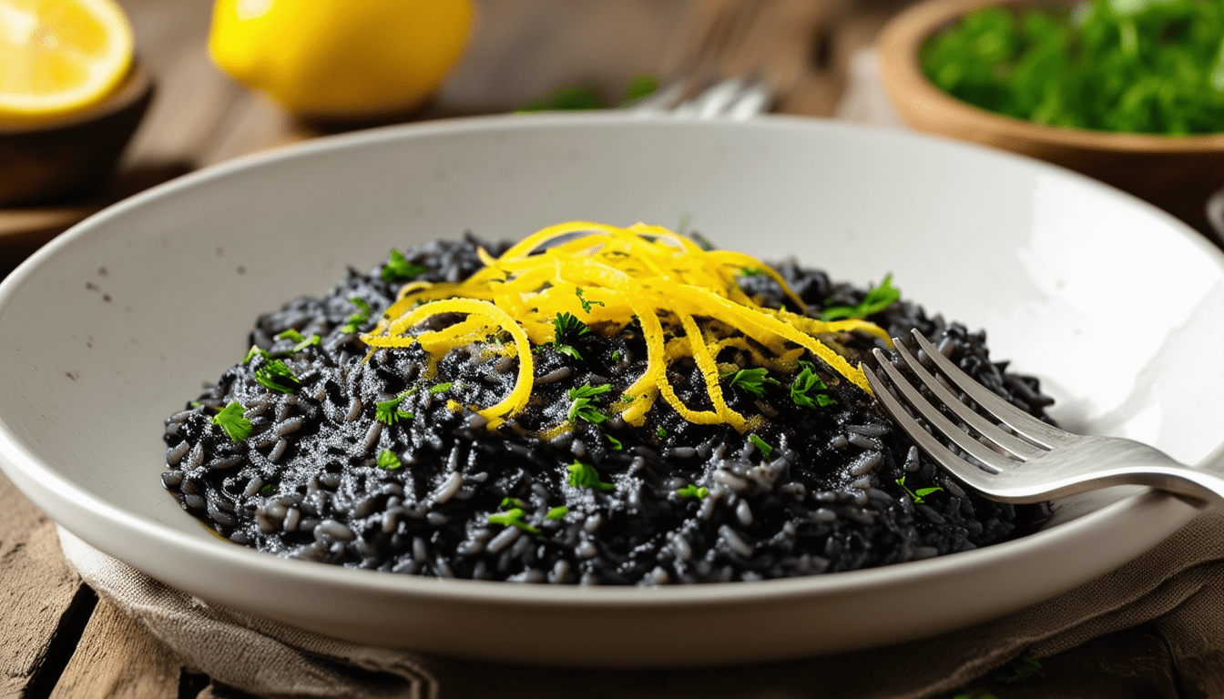 savourez un délicieux risotto à l'encre de seiche, sublimé par des zestes de citron pour une touche d'agrumes. ce plat raffiné, alliant les saveurs marines et la fraîcheur du citron, est parfait pour impressionner vos invités ou se faire plaisir lors d'une soirée gourmande.