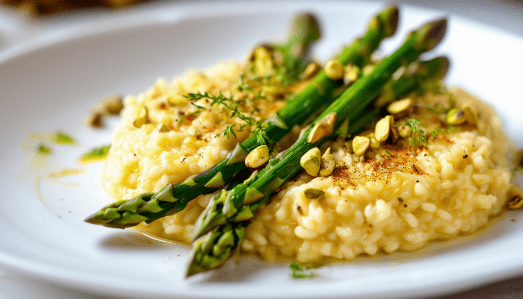 savourez un risotto crémeux au safran, agrémenté d'asperges croquantes et parsemé d'éclats de pistache pour une explosion de saveurs. découvrez cette recette raffinée qui allie tradition et originalité, parfaite pour un dîner élégant ou une occasion spéciale.