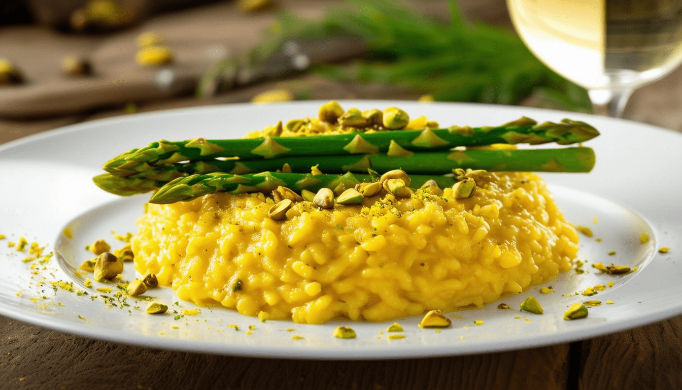 savourez notre risotto crémeux au safran, accompagné d'asperges fraîches et parsemé d'éclats de pistache croquants. une recette raffinée qui allie tradition et originalité pour un plat éblouissant, parfait pour vos repas gastronomiques.