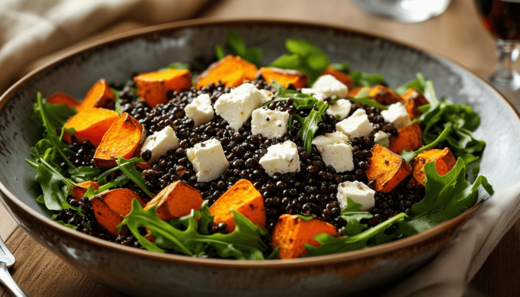découvrez une délicieuse salade tiède alliant lentilles beluga, patates douces rôties et feta marinée. un mélange savoureux et coloré qui ravira vos papilles tout en apportant des bienfaits nutritionnels. parfait pour un repas équilibré et réconfortant !