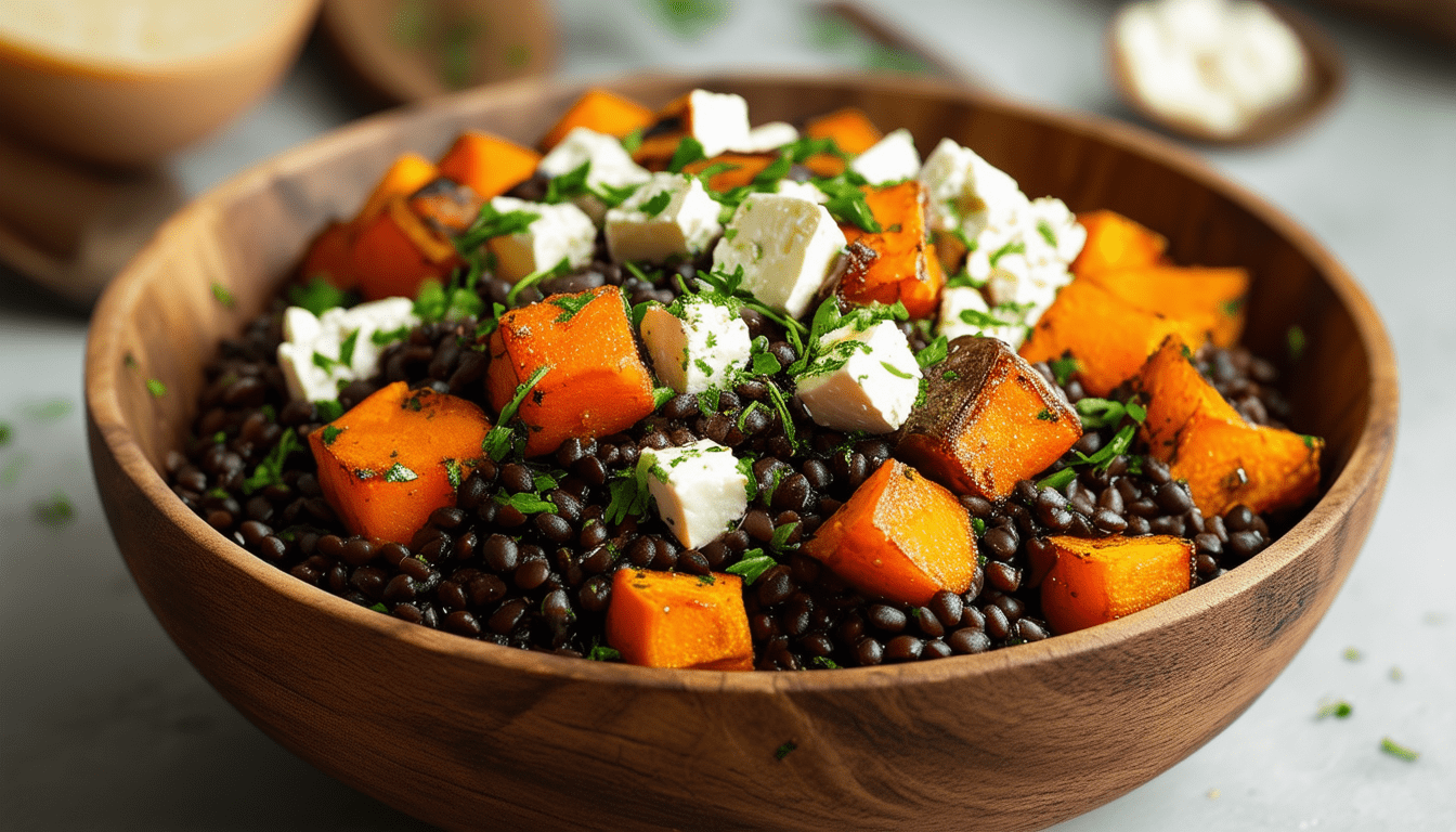 découvrez une délicieuse salade tiède alliant les lentilles beluga, la douceur des patates douces rôties et la fraîcheur de la feta marinée. une recette savoureuse et équilibrée qui ravira vos papilles à chaque bouchée.