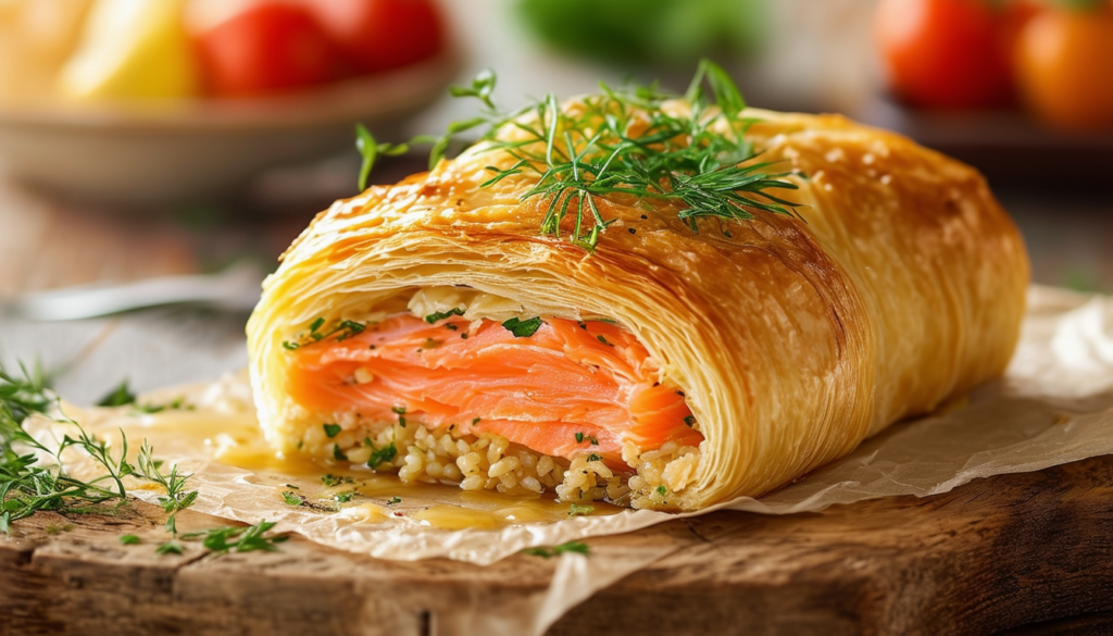 découvrez le coulibiac de saumon, un plat savoureux alliant le goût délicat du saumon aux arômes des épices et des herbes, le tout enveloppé dans une pâte feuilletée dorée. parfait pour une entrée raffinée ou un repas festif, ce mets traditionnel vous séduira par son mariage de textures et de saveurs. idéal pour impressionner vos invités ou pour un dîner en famille.