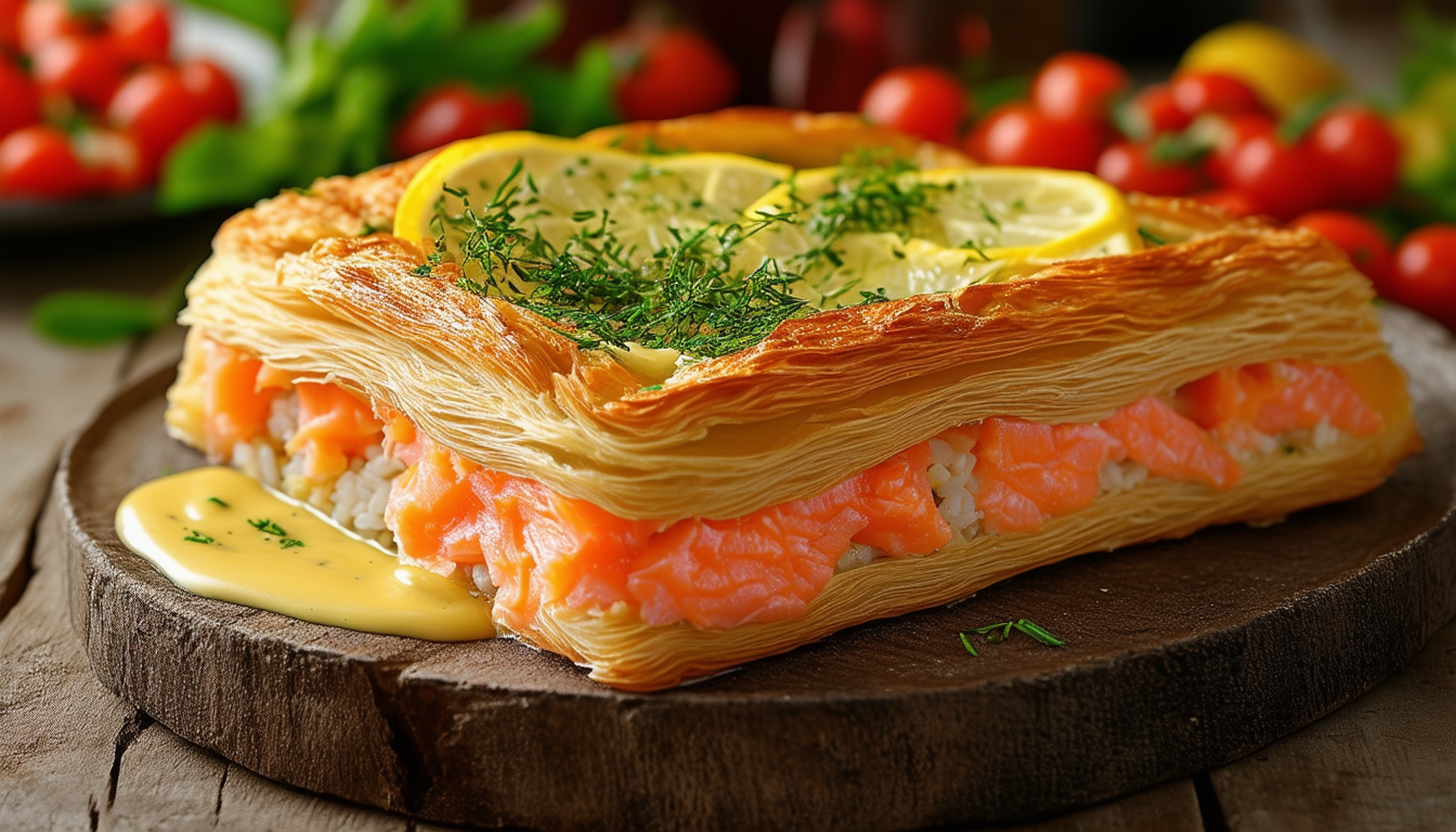 découvrez notre délicieuse recette de coulibiac de saumon, un plat traditionnel russe revisité avec une farce raffinée, du saumon frais et une pâte feuilletée dorée, parfait pour impressionner vos invités lors d'un dîner.