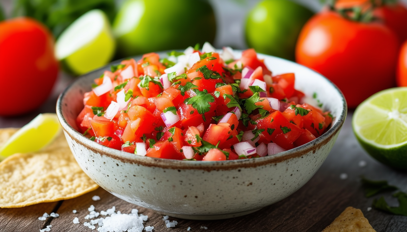 découvrez notre délicieuse recette de pico de gallo, une salsa fraîche et colorée à base de tomates, oignons, coriandre, lime et piments. parfaite pour accompagner vos plats mexicains ou à déguster avec des chips tortilla, cette préparation simple et rapide ravira vos invités et égayera vos apéritifs !