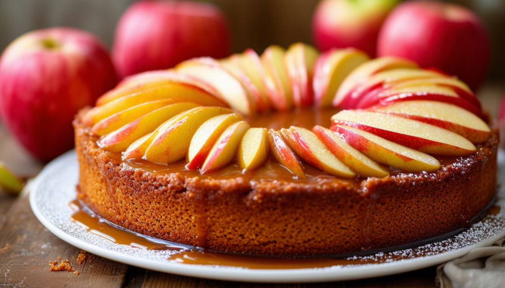 découvrez notre irrésistible gâteau aux pommes caramélisé, une délicieuse combinaison de pommes juteuses et de caramel doré, parfait pour un dessert réconfortant à partager en famille ou entre amis.