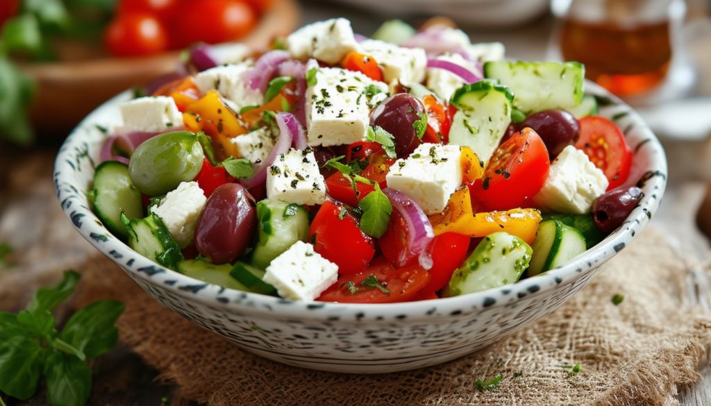 découvrez la salade crétoise, un plat méditerranéen frais et savoureux, mêlant tomates juteuses, concombre croquant, olives noires, fromage feta et oignons rouges. idéale pour vos repas d'été, elle allie saveurs authentiques et bienfaits nutritionnels.