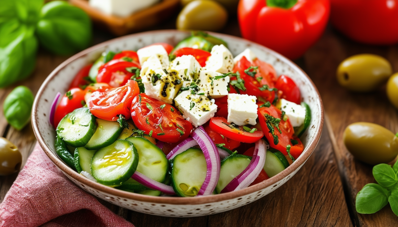 découvrez la fraîcheur de la salade crétoise, un plat traditionnel méditerranéen aux saveurs délicates d'olives, de tomates juteuses, de concombre croquant, d'oignons rouges et de fromage feta. parfaite pour un repas léger ou un accompagnement savoureux, cette salade vous transportera directement sur les rives ensoleillées de la crète.