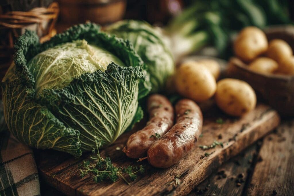 Chou vert, saucisse et pommes de terre en cocotte