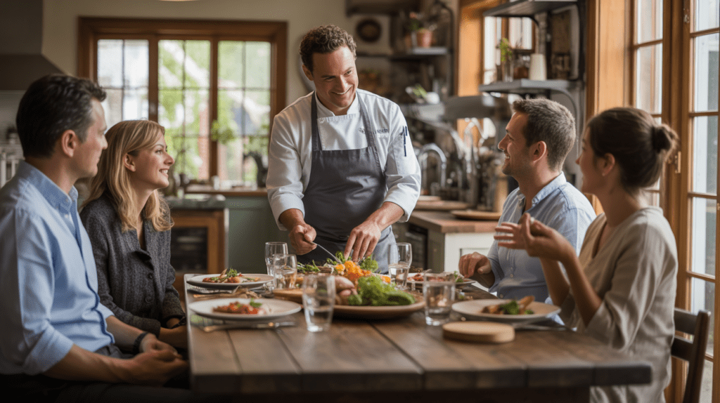 Chef à domicile préparant un repas raffiné dans une cuisine moderne et chaleureuse, entouré de convives souriants dans une ambiance authentique et conviviale.